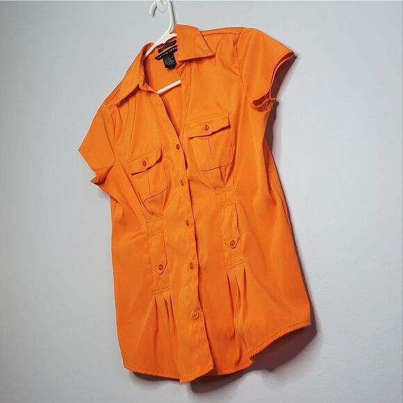 Antilia Femme M Tangerine Short Sleeve Button Down Shirt Fitted - Picture 1 of 11